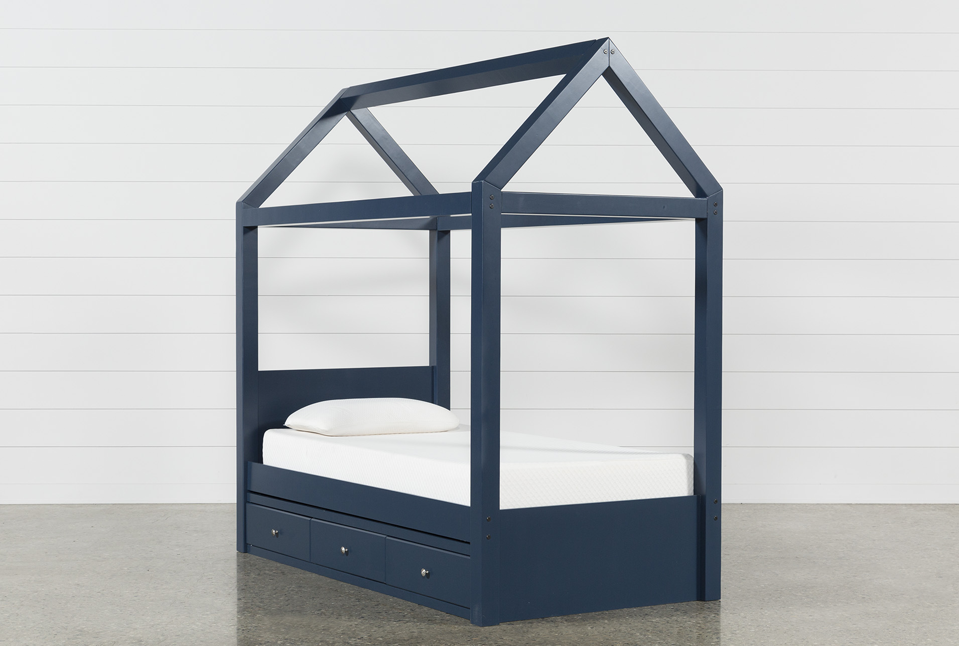 blue twin bed with storage
