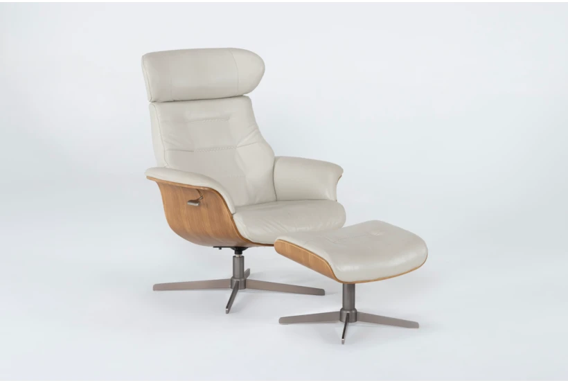 Amala Beige Bone Leather Reclining Swivel Arm Chair with Adjustable Headrest And Ottoman - 360