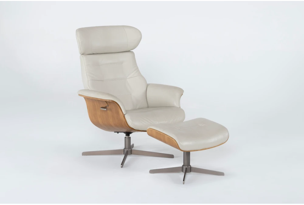 Amala Beige Bone Leather Reclining Swivel Arm Chair with Adjustable Headrest And Ottoman