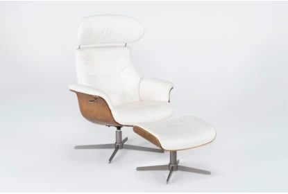 Amala White Leather Reclining Swivel Arm Chair with Adjustable Headrest And Ottoman - Side