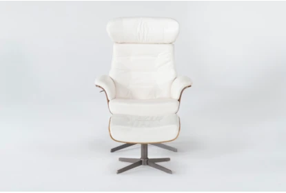 Amala White Leather Reclining Swivel Arm Chair with Adjustable Headrest And Ottoman - Front