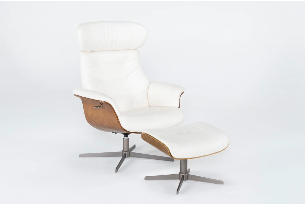 Amala White Leather Reclining Swivel Arm Chair with Adjustable Headrest And Ottoman