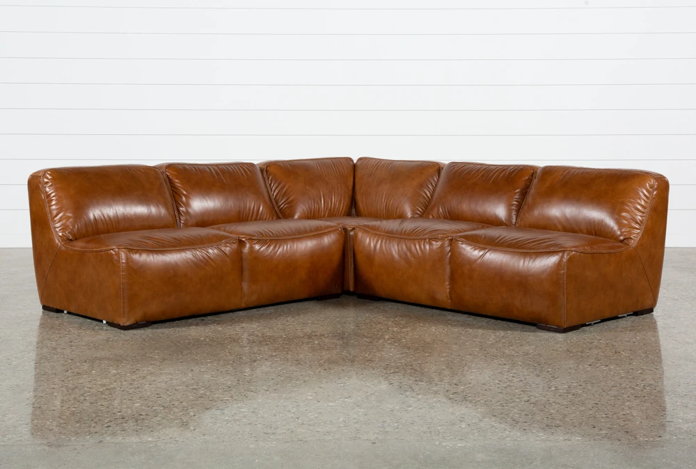 Burton Honey Brown Leather 103" 3 Piece L-Shaped Modular Sectional With 2 Armless Loveseats