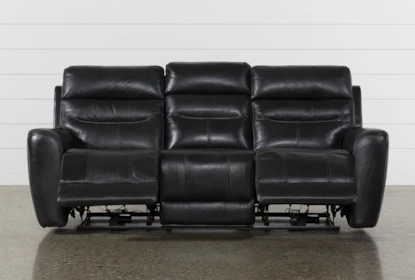 Cheyenne Black Leather Power Reclining Sofa With Power Headrest Drop Down Table