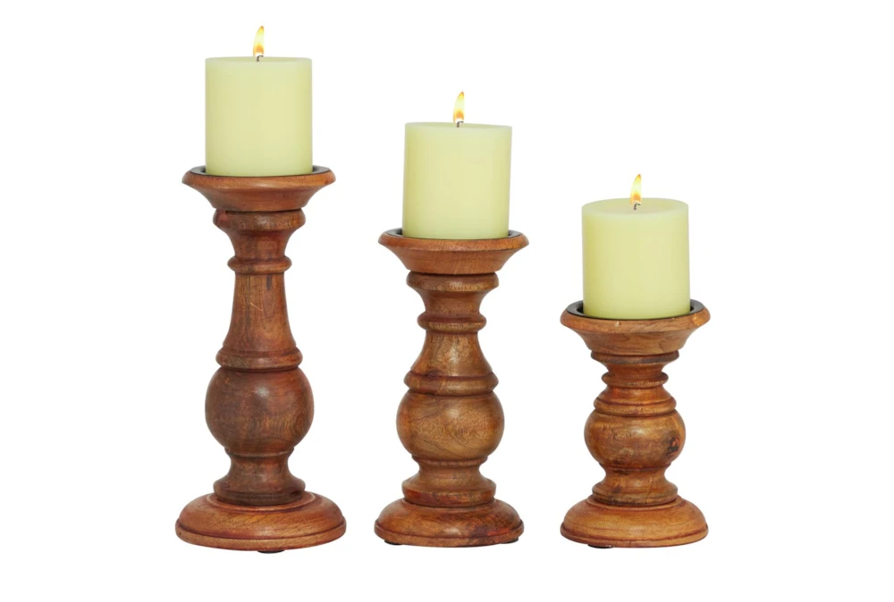 Set Of 3 Dark Wood Candleholders