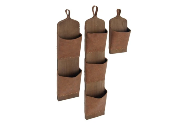 Set Of 3 Wood And Leather Wall Pockets - 360