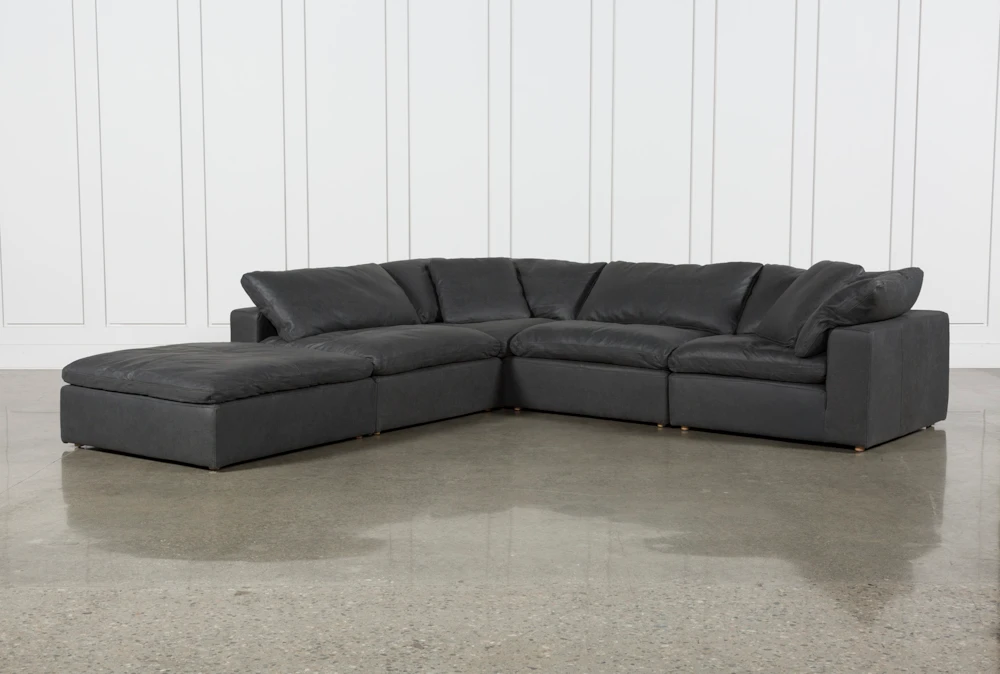Hidden Cove Grey Leather 5 Piece 134" Sectional With Ottoman
