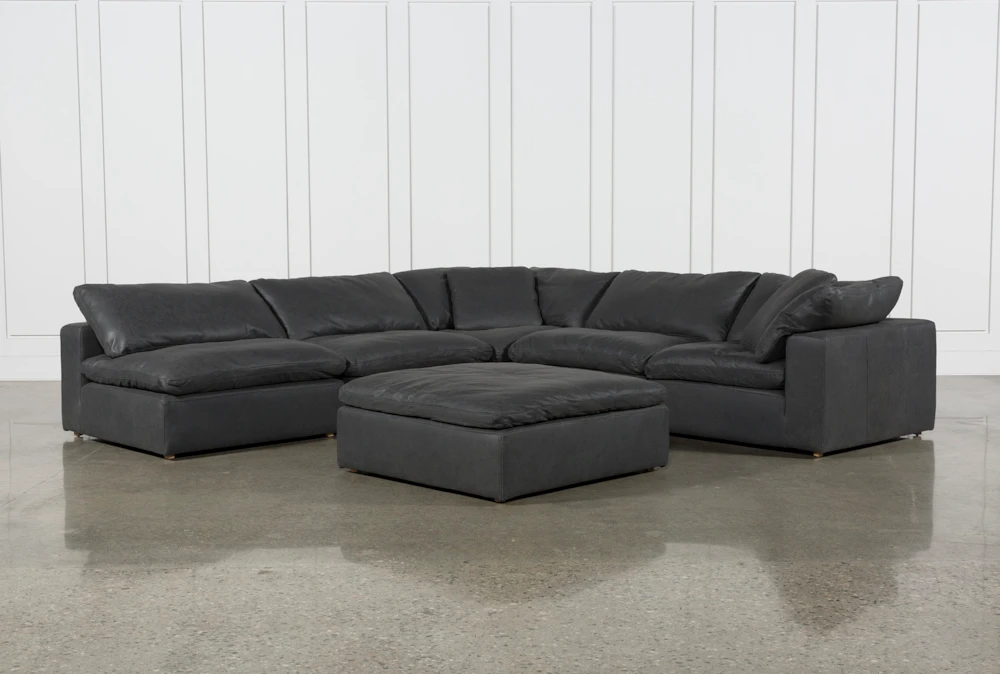 Hidden Cove Grey Leather 6 Piece 134" Sectional With 3 Armless Chairs