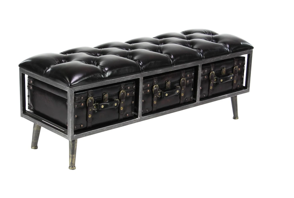 48" Black Leather Tufted 3 Trunk Storage Bench