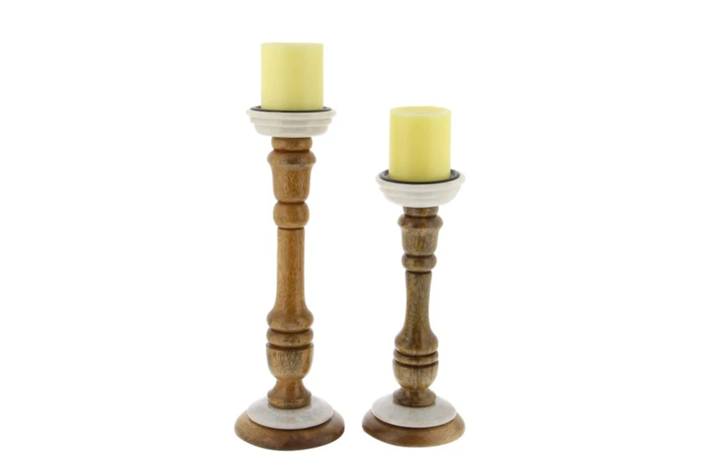 Marble And Wood Candlestick Set Of 2