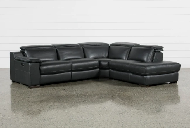 Hana Slate Leather 3 Piece 113" Power Reclining Sectional With Right Arm Facing Chaise - 360