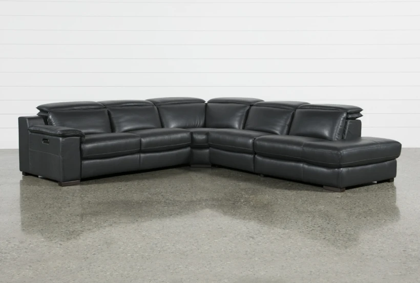 Hana Slate Leather 4 Piece 113" Power Reclining Modular Sectional With Right Arm Facing Chaise - 360