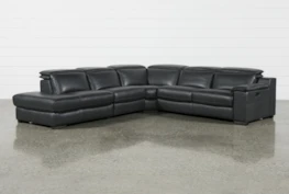 Hana Slate Leather 4 Piece 113" Power Reclining Sectional With Left Arm Facing Chaise