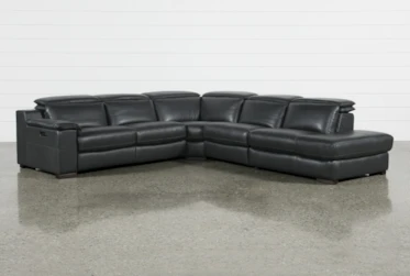 Hana Slate Leather 4 Piece 113" Power Reclining Modular Sectional With 3 Power Recliners & Right Arm Facing Chaise
