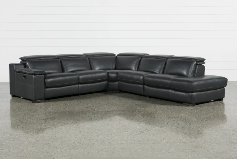 Hana Slate Leather 4 Piece 113" Power Reclining Sectional With 3 Power Recliners & Right Arm Facing Chaise - 360