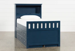 Taylor Navy Twin Bookcase Bed With Double 6-Drawer Storage and USB