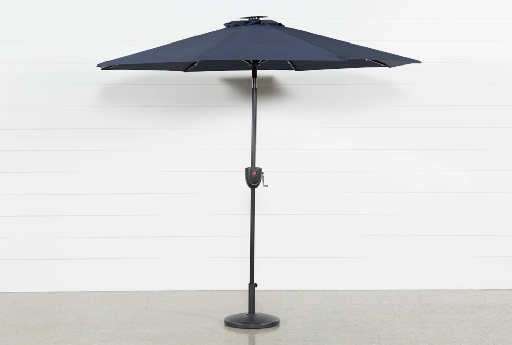 Outdoor Market Navy 9' Umbrella With Lights, Bluetooth And Base