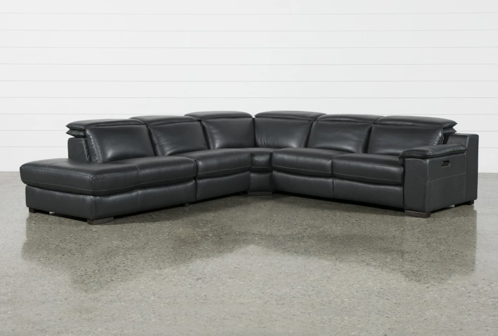 Hana Slate Leather 4 Piece 113" Power Reclining Sectional With 3 Power Recliners & Left Arm Facing Chaise