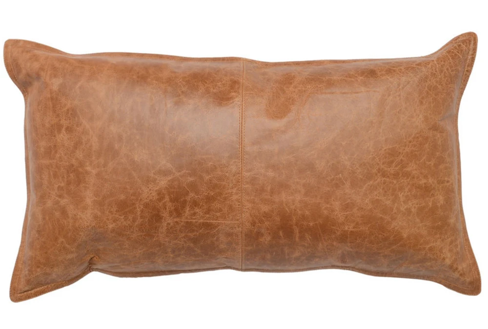 14X26 Chestnut Brown Pieced Leather Lumbar Throw Pillow