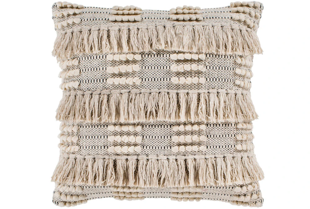 18X18 Taupe Charoal Fringe Check Throw Pillow