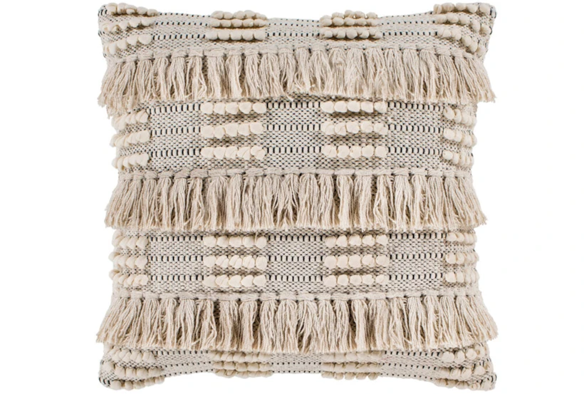 18X18 Taupe Charoal Fringe Check Throw Pillow - 360