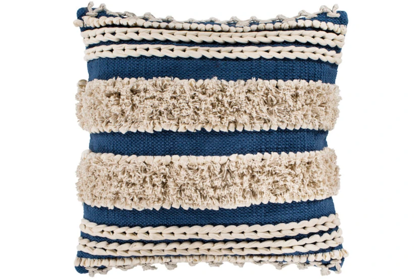 18X18 Blue Taupe Boucle Fringe Stripe Throw Pillow - 360