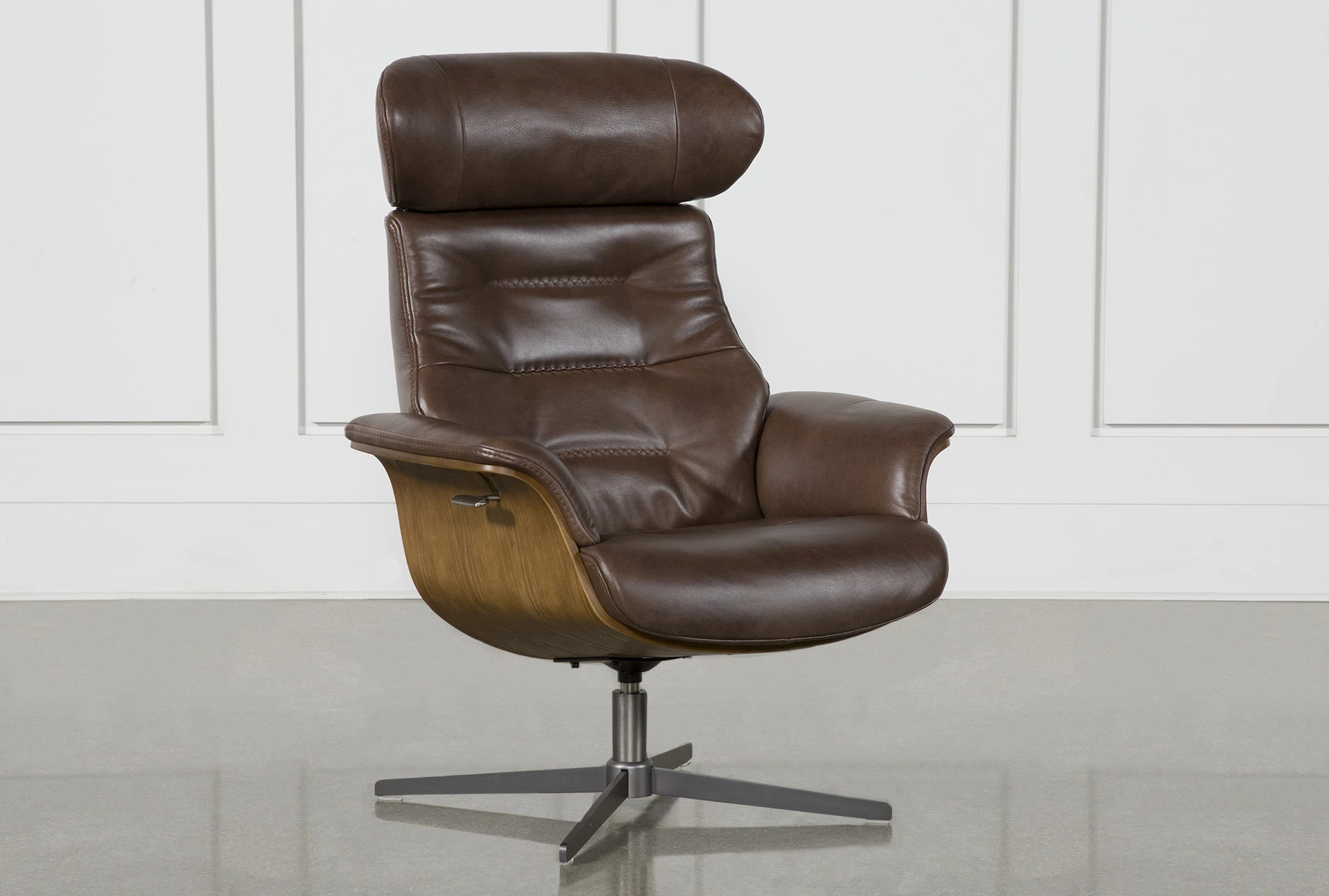 Amala Brown Leather Reclining Swivel Chair With Adjustable Headrest Living Spaces