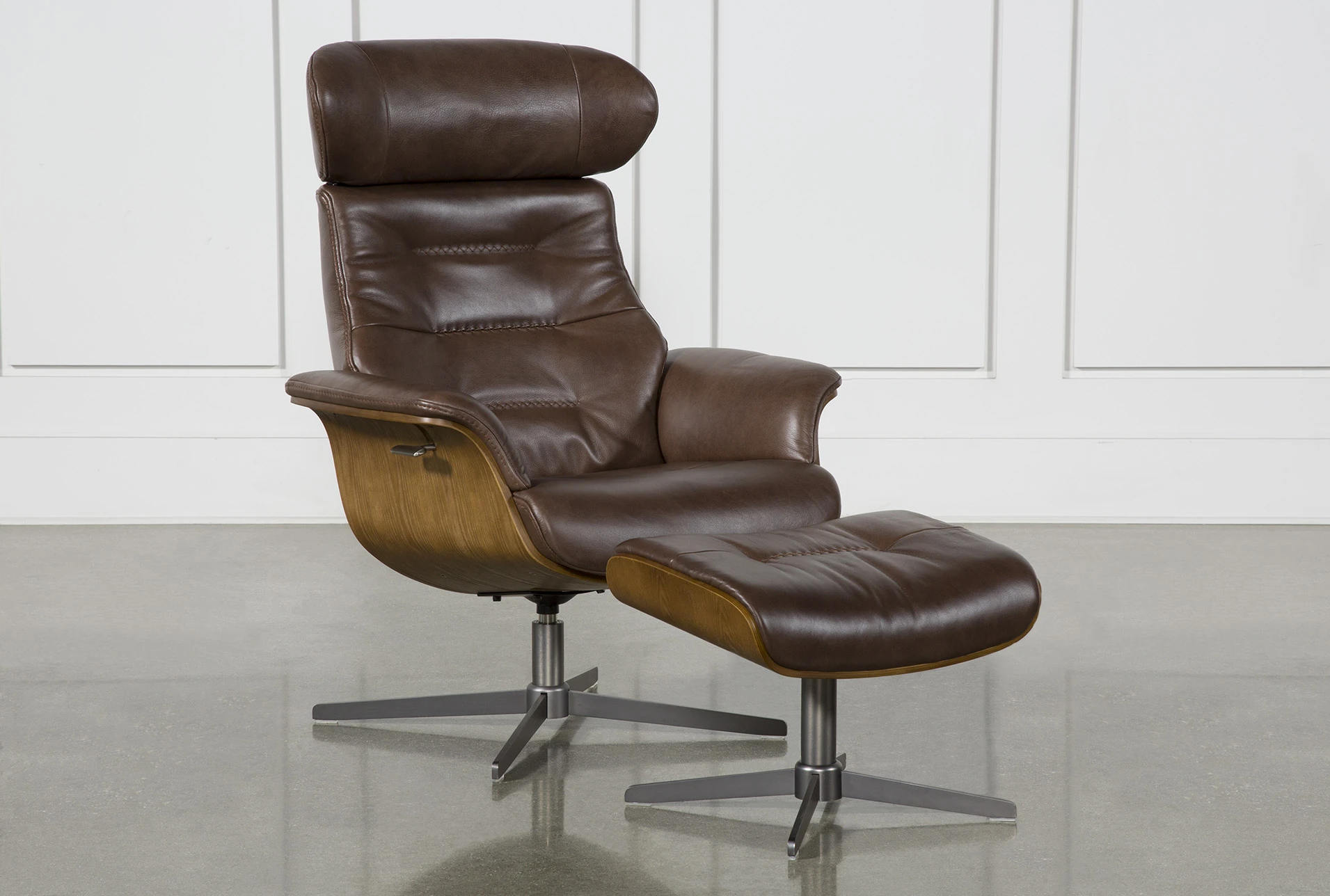 Amala Brown Leather Reclining Swivel, Leather Armchair And Ottoman Set