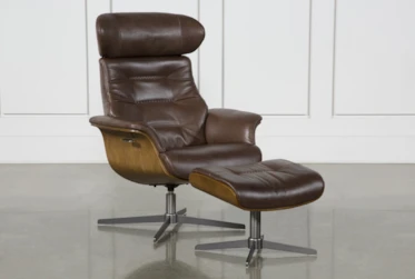 Amala Brown Leather Reclining Swivel Chair With Adjustable Headrest And Ottoman