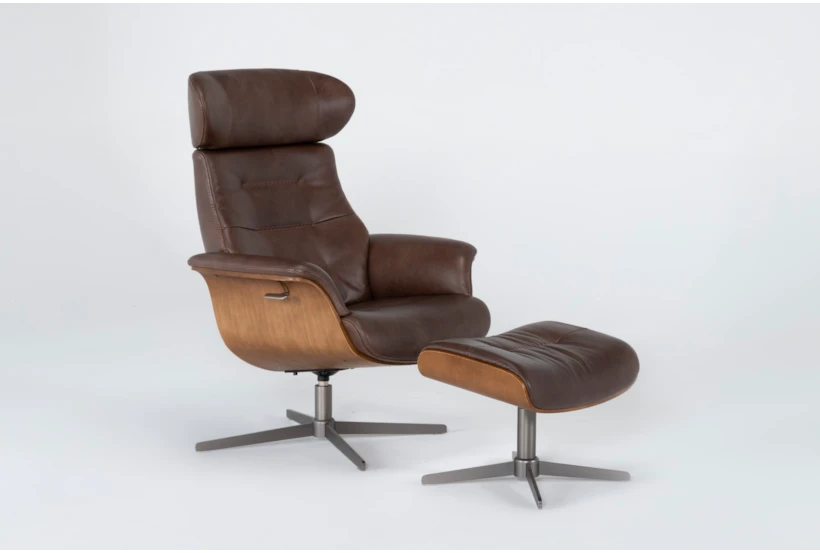 Amala Brown Leather Reclining Swivel Arm Chair with Adjustable Headrest And Ottoman - 360