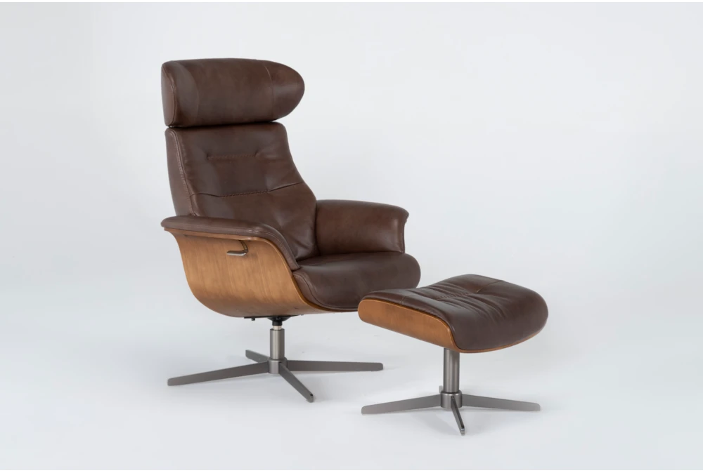 Amala Brown Leather Reclining Swivel Arm Chair with Adjustable Headrest And Ottoman