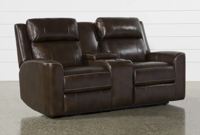 Stetson Chocolate Leather 76" Power Reclining Storage Console Loveseat with Power Headrest, Lumbar, LCD & USB - 360