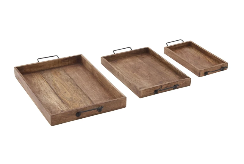 Set Of 3 Wood and Metal Trays - 360