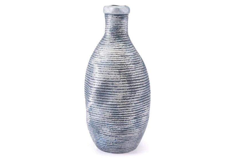 Large Ribbed Blue + Silver Vase - 360