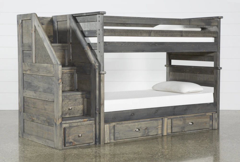 Summit Grey Twin Over Twin Wood Bunk With 2-Drw Underbed Storage & Stairway