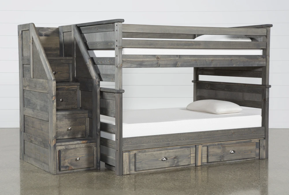 Summit Grey Full Over Full Wood Bunk With 2-Drw Underbed Storage & Stairway
