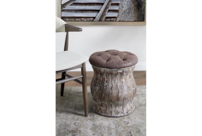 Distressed Wood + Brown Upholstered Stool - Room