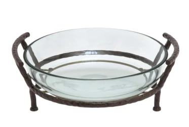 19 Inch Glass + Black Metal Footed Decorative Serving Bowl