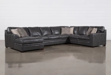 Greer Dark Grey Leather 4 Piece 166" Sectional With Left Arm Facing Chaise & Armless Sofa