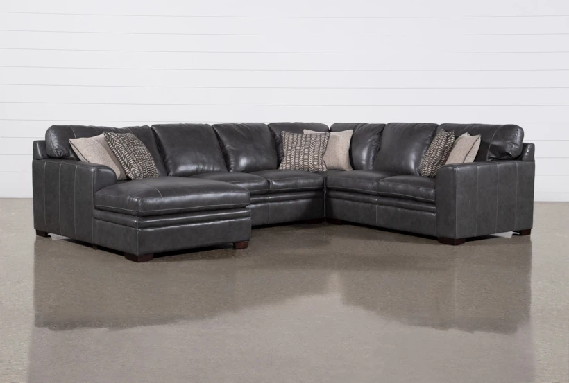 Greer Dark Grey Leather 4 Piece 140" Modular Sectional With Left Arm Facing Chaise & Armless Loveseat - 360