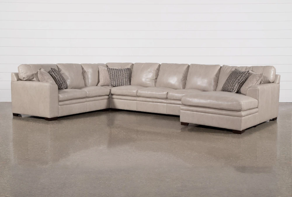 Greer Stone Beige Leather 4 Piece 166" Modular U-Shaped Sectional With Right Arm Facing Chaise & Armless Sofa