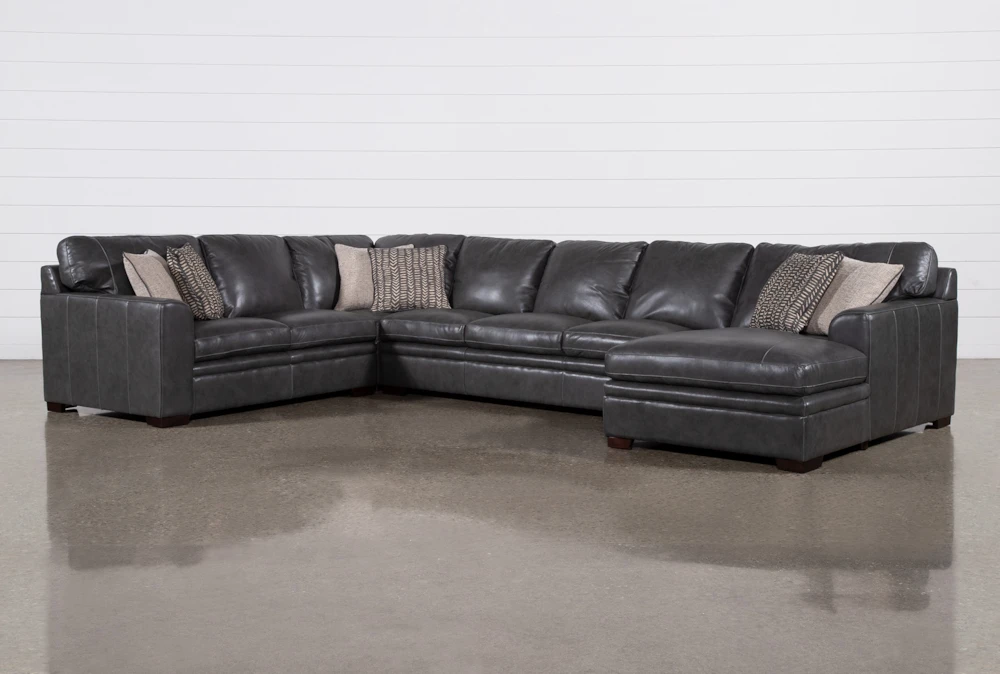 Greer Dark Grey Leather 4 Piece 166" Sectional With Right Arm Facing Chaise & Armless Sofa
