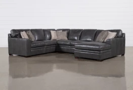 Greer Dark Grey Leather 4 Piece 140" Sectional With Right Arm Facing Chaise & Armless Loveseat