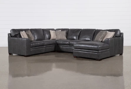 Greer Dark Grey Leather 4 Piece 140" Modular Sectional With Right Arm Facing Chaise & Armless Loveseat