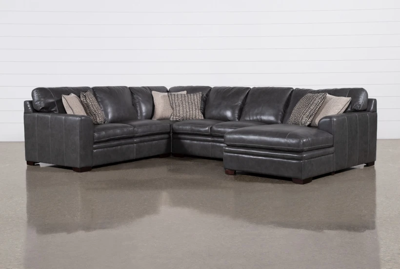 Greer Dark Grey Leather 4 Piece 140" Modular Sectional With Right Arm Facing Chaise & Armless Loveseat - 360