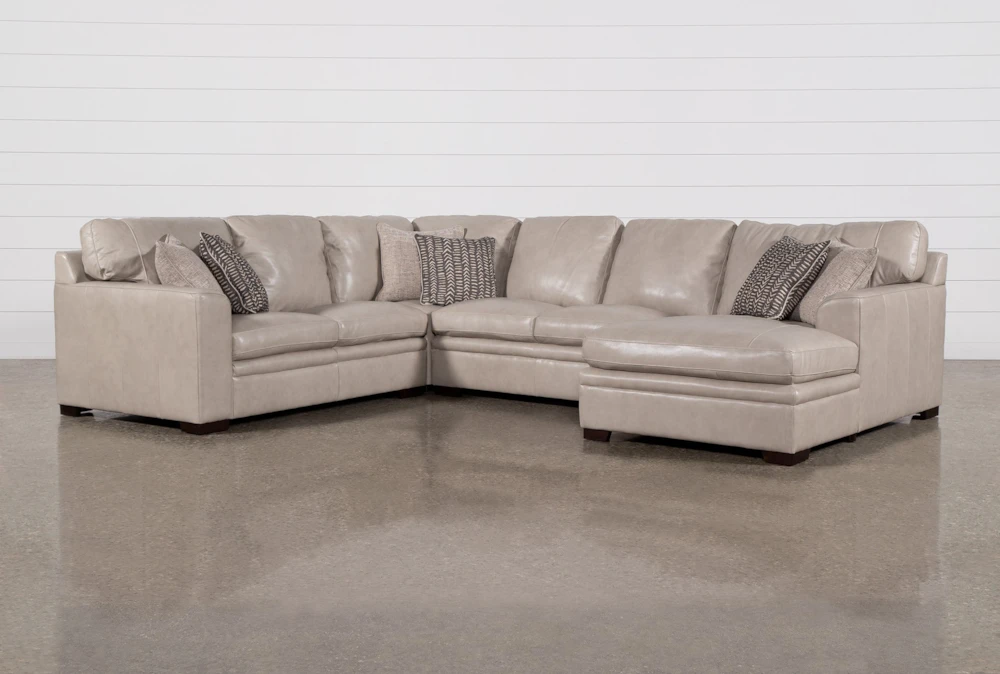 Greer Stone Leather 4 Piece 140" Modular Sectional With Right Arm Facing Chaise & Armless Loveseat