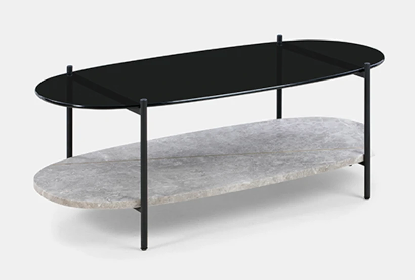 Marble + Smoked Glass Oval Coffee Table - 360