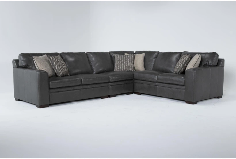 Greer Dark Grey Leather 4 Piece 133" Modular Sectional With Right Arm Facing & Left Arm Facing Loveseat, Armless Chair and Corner - 360