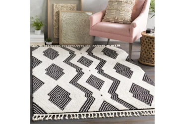 7'8"x10'2" Rug-Globally Inspired High/Low Pile With Fringe Black/Ivory