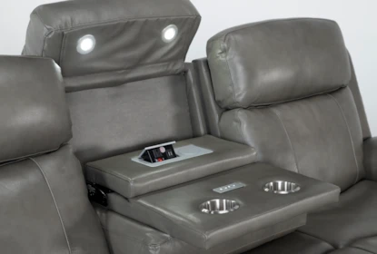 Serena Grey Leather 87" Power Reclining Sofa with Power Headrest, USB, Heat & Massage - Detail
